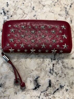 Jimmy Choo EUC Red Leather Star-Stud Zip Wallet w/COA